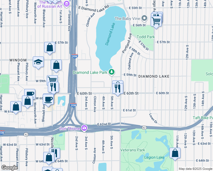 map of restaurants, bars, coffee shops, grocery stores, and more near 404 Chester Street in Minneapolis
