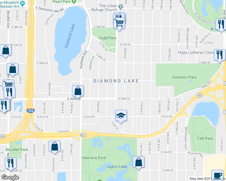 map of restaurants, bars, coffee shops, grocery stores, and more near 5924 Chicago Avenue South in Minneapolis