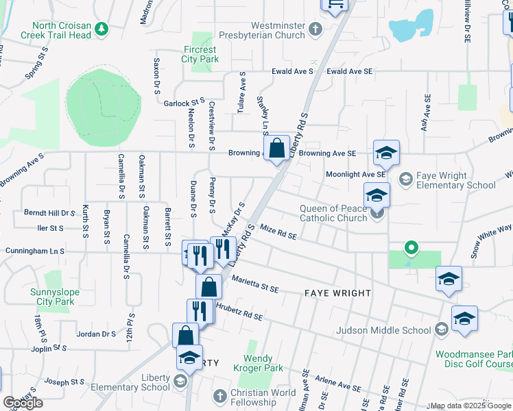 map of restaurants, bars, coffee shops, grocery stores, and more near 4229 Liberty Road South in Salem