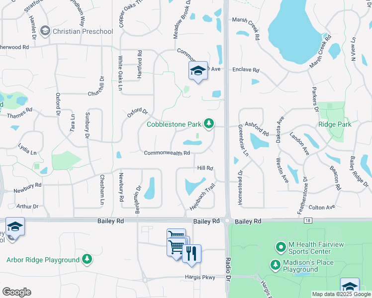 map of restaurants, bars, coffee shops, grocery stores, and more near 3643 Commonwealth Road in Woodbury