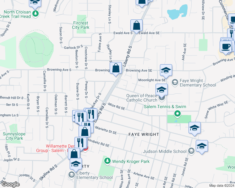 map of restaurants, bars, coffee shops, grocery stores, and more near 145 Friendship Avenue Southeast in Salem
