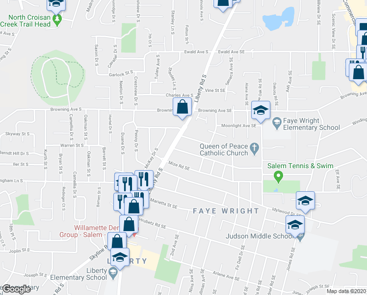 map of restaurants, bars, coffee shops, grocery stores, and more near 145 Friendship Avenue Southeast in Salem