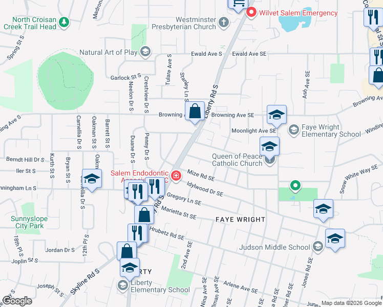 map of restaurants, bars, coffee shops, grocery stores, and more near 145 Friendship Avenue Southeast in Salem