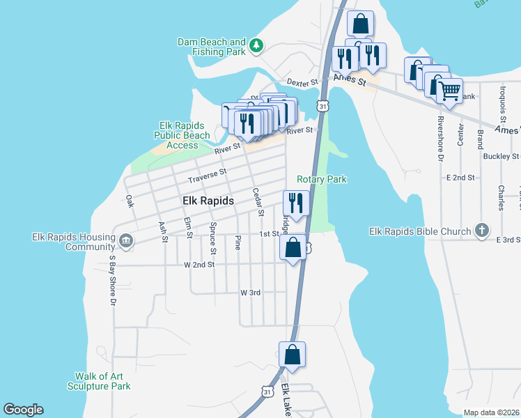map of restaurants, bars, coffee shops, grocery stores, and more near 401 Cedar Street in Elk Rapids