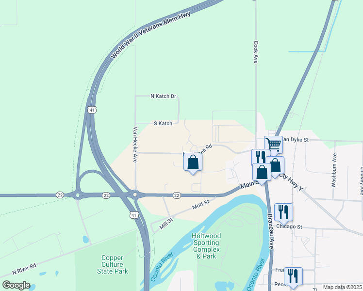 map of restaurants, bars, coffee shops, grocery stores, and more near 142 Evergreen Road in Oconto