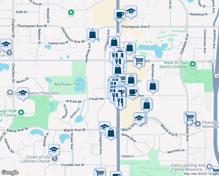 map of restaurants, bars, coffee shops, grocery stores, and more near 1720 Livingston Avenue in West Saint Paul