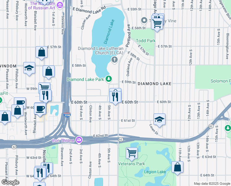 map of restaurants, bars, coffee shops, grocery stores, and more near 5926 Portland Avenue South in Minneapolis