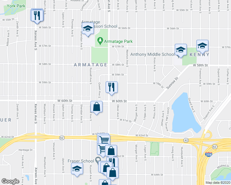 map of restaurants, bars, coffee shops, grocery stores, and more near 5944 Oliver Avenue South in Minneapolis
