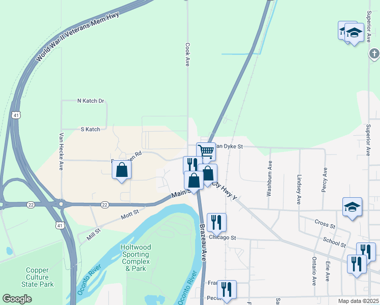 map of restaurants, bars, coffee shops, grocery stores, and more near 264 Cook Avenue in Oconto