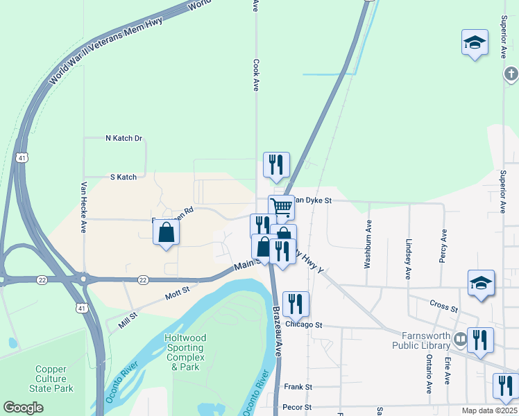 map of restaurants, bars, coffee shops, grocery stores, and more near 264 Cook Avenue in Oconto