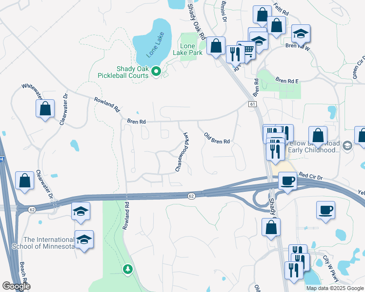 map of restaurants, bars, coffee shops, grocery stores, and more near 5968 Chasewood Parkway in Minnetonka