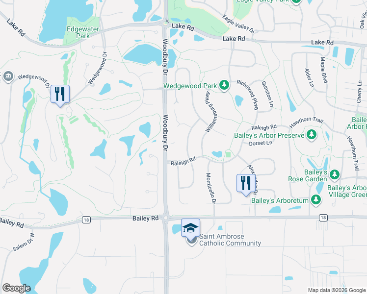 map of restaurants, bars, coffee shops, grocery stores, and more near 10020 Raleigh Road in Woodbury