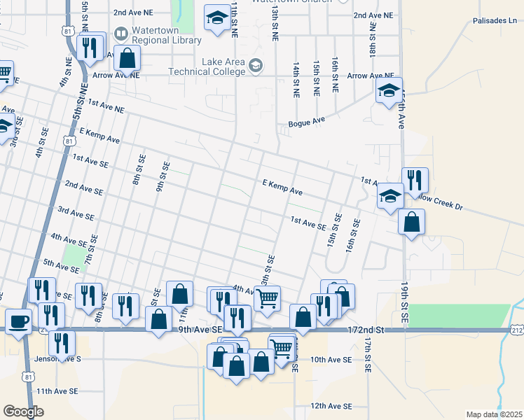 map of restaurants, bars, coffee shops, grocery stores, and more near 1214 1st Avenue Southeast in Watertown