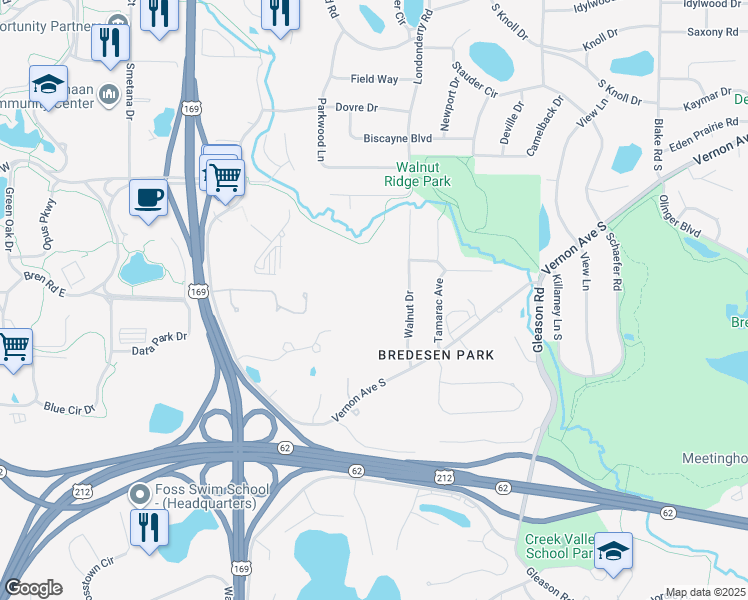 map of restaurants, bars, coffee shops, grocery stores, and more near 6670 Vernon Avenue South in Edina
