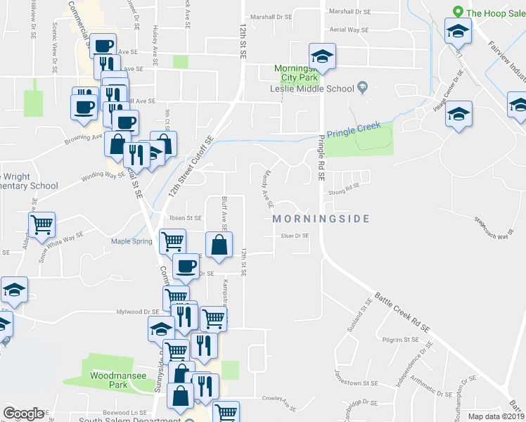 map of restaurants, bars, coffee shops, grocery stores, and more near 1285 Mandy Court Southeast in Salem