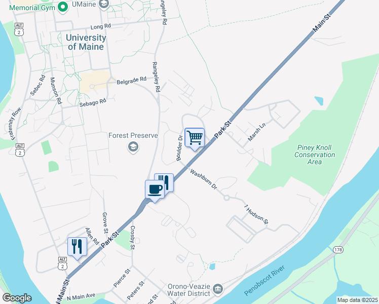 map of restaurants, bars, coffee shops, grocery stores, and more near 148 Park Street in Orono