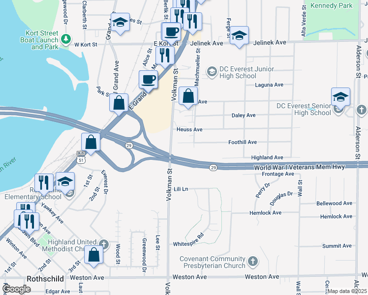 map of restaurants, bars, coffee shops, grocery stores, and more near 1303 Foothill Avenue in Schofield