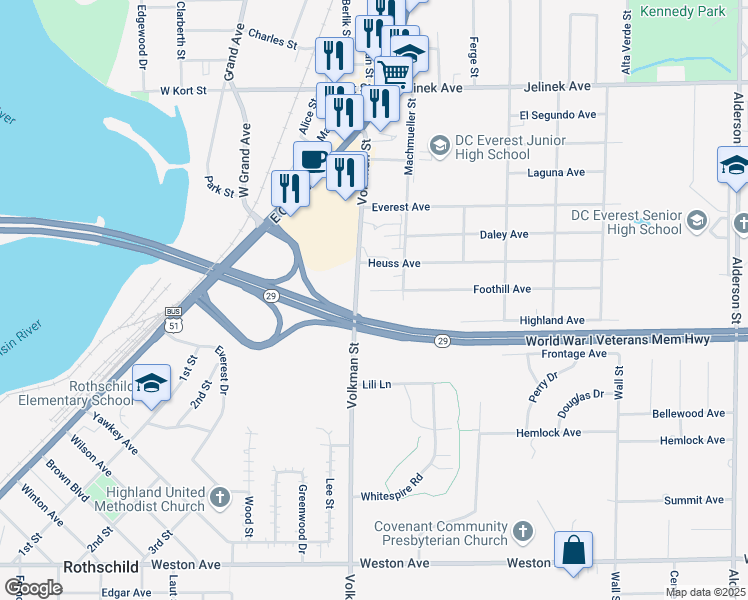 map of restaurants, bars, coffee shops, grocery stores, and more near 1303 Foothill Avenue in Schofield