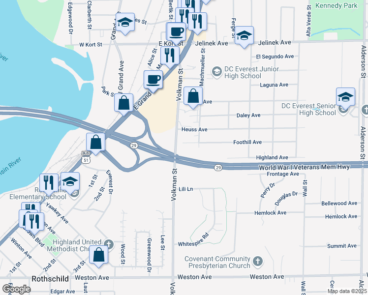 map of restaurants, bars, coffee shops, grocery stores, and more near 1303 Foothill Ave in Schofield