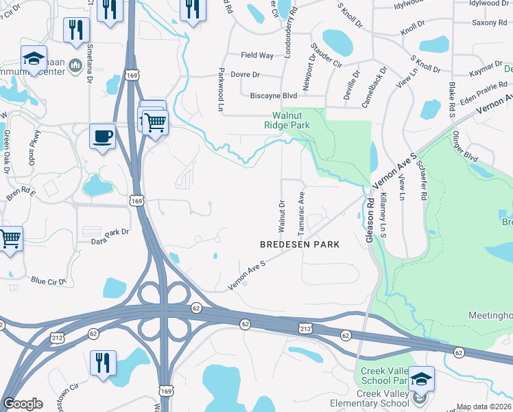 map of restaurants, bars, coffee shops, grocery stores, and more near 6670 Vernon Avenue South in Edina