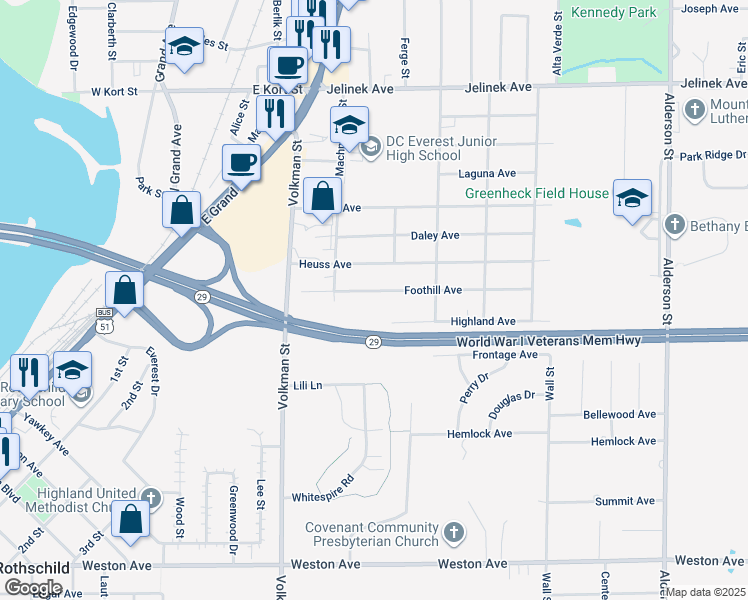 map of restaurants, bars, coffee shops, grocery stores, and more near 1505 Foothill Ave in Schofield