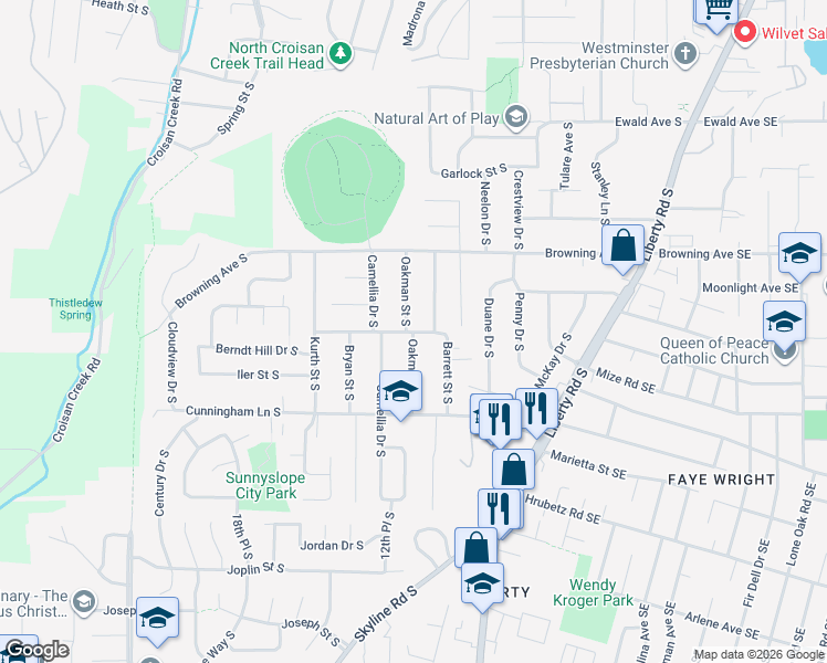 map of restaurants, bars, coffee shops, grocery stores, and more near 1201 Warren Street South in Salem