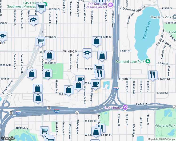 map of restaurants, bars, coffee shops, grocery stores, and more near 125 West 59th Street in Minneapolis
