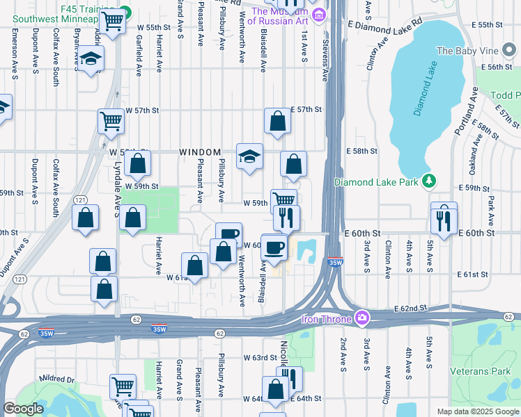 map of restaurants, bars, coffee shops, grocery stores, and more near 5940 Nicollet Avenue in Minneapolis