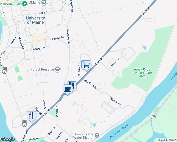 map of restaurants, bars, coffee shops, grocery stores, and more near 148 Park Street in Orono
