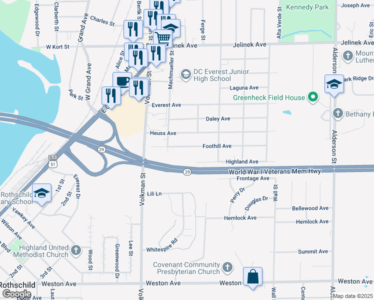 map of restaurants, bars, coffee shops, grocery stores, and more near 1505 Foothill Avenue in Schofield