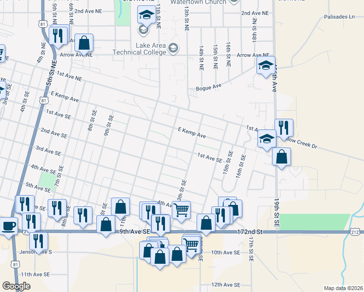 map of restaurants, bars, coffee shops, grocery stores, and more near 1214-1298 1st Avenue Southeast in Watertown