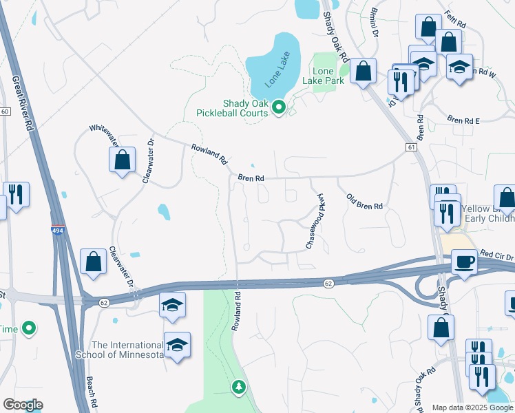 map of restaurants, bars, coffee shops, grocery stores, and more near 5938 Bren Circle in Hopkins