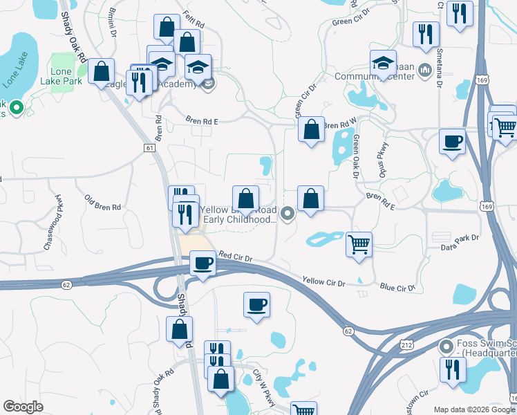 map of restaurants, bars, coffee shops, grocery stores, and more near 10702 Red Circle Drive in Minnetonka