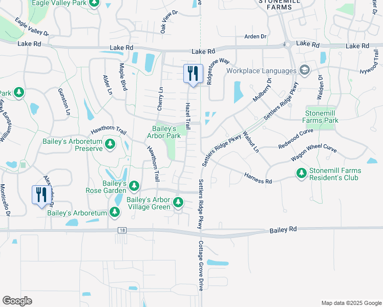 map of restaurants, bars, coffee shops, grocery stores, and more near 10914 Birch Lane in Woodbury