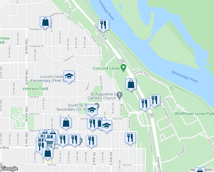 map of restaurants, bars, coffee shops, grocery stores, and more near 348 6th Avenue North in South Saint Paul