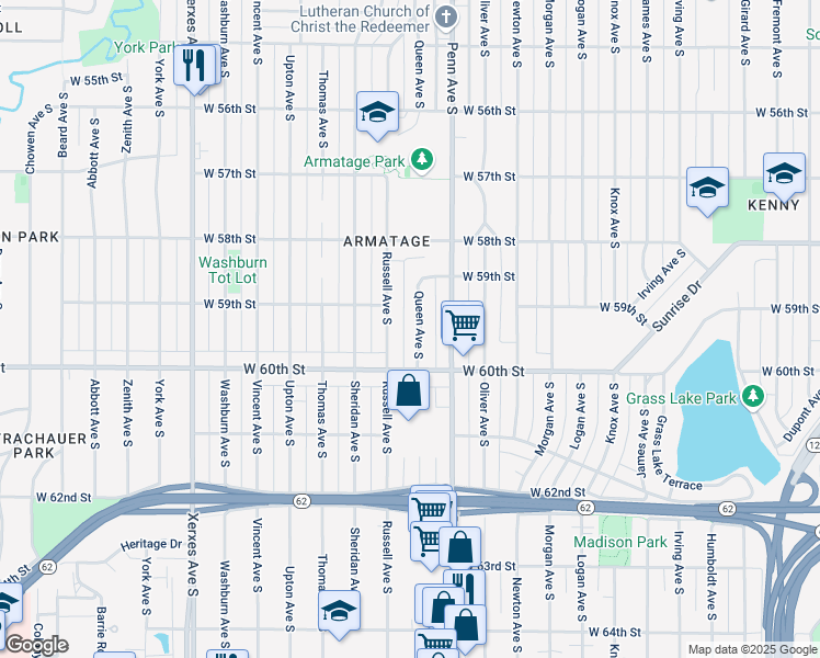 map of restaurants, bars, coffee shops, grocery stores, and more near 5928 Queen Avenue South in Minneapolis