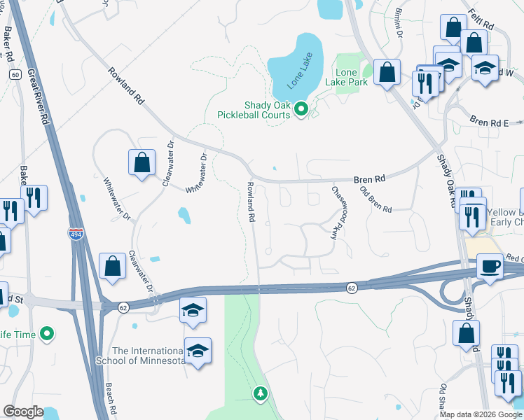 map of restaurants, bars, coffee shops, grocery stores, and more near 5938 Bren Circle in Hopkins