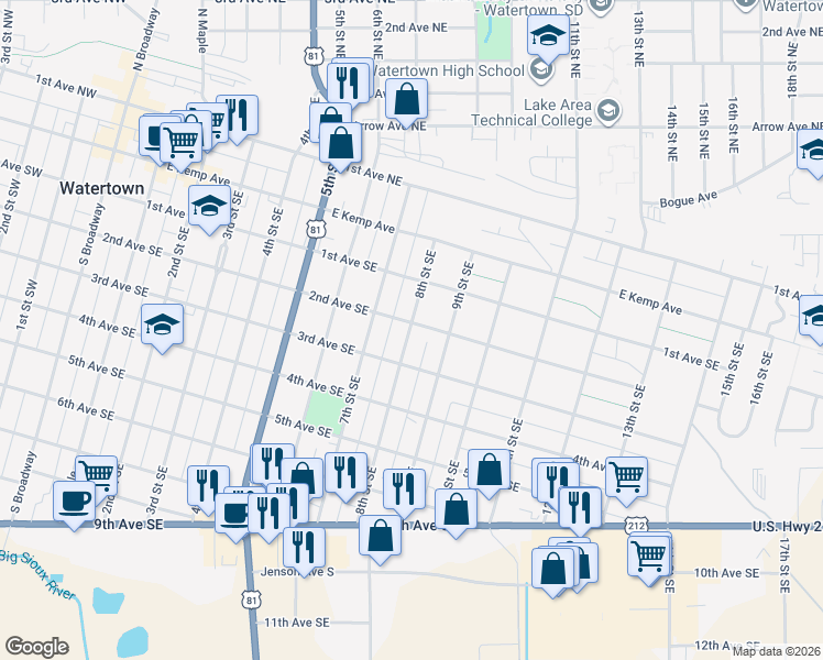 map of restaurants, bars, coffee shops, grocery stores, and more near 212 8th Street Southeast in Watertown