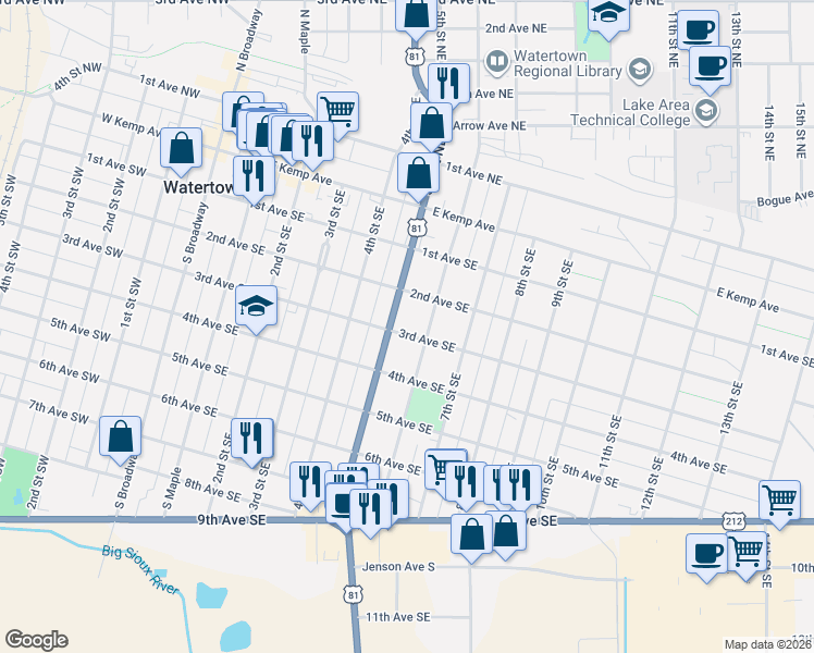 map of restaurants, bars, coffee shops, grocery stores, and more near 500-598 3rd Avenue Southeast in Watertown