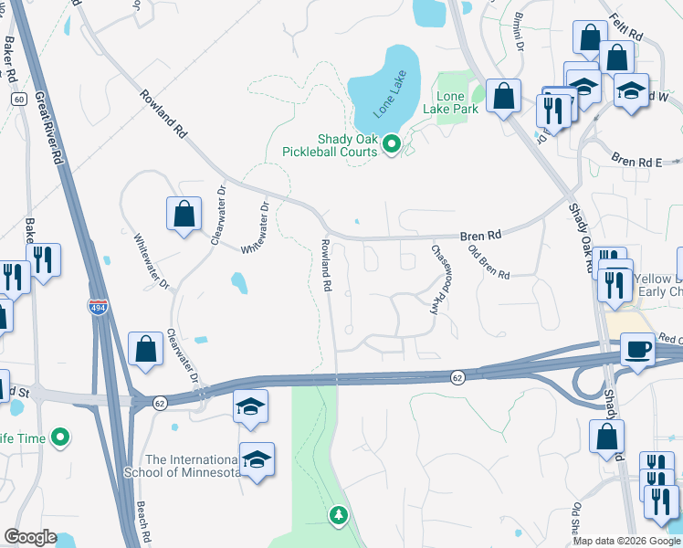 map of restaurants, bars, coffee shops, grocery stores, and more near 5938 Bren Circle in Hopkins