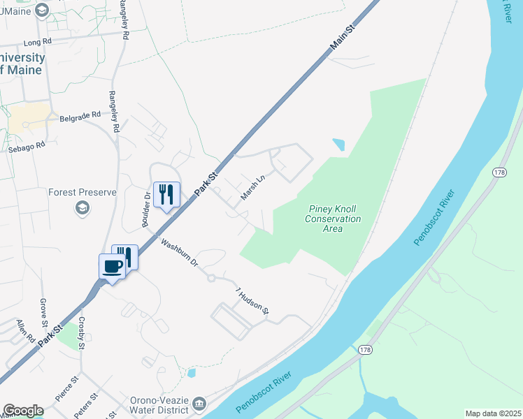 map of restaurants, bars, coffee shops, grocery stores, and more near 98 Hubbard Farms Road in Orono