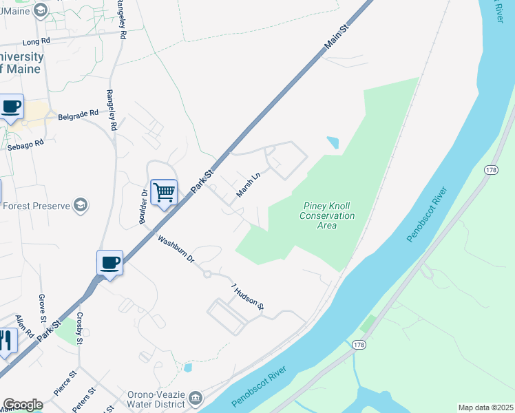 map of restaurants, bars, coffee shops, grocery stores, and more near 99 Hubbard Farms Road in Orono
