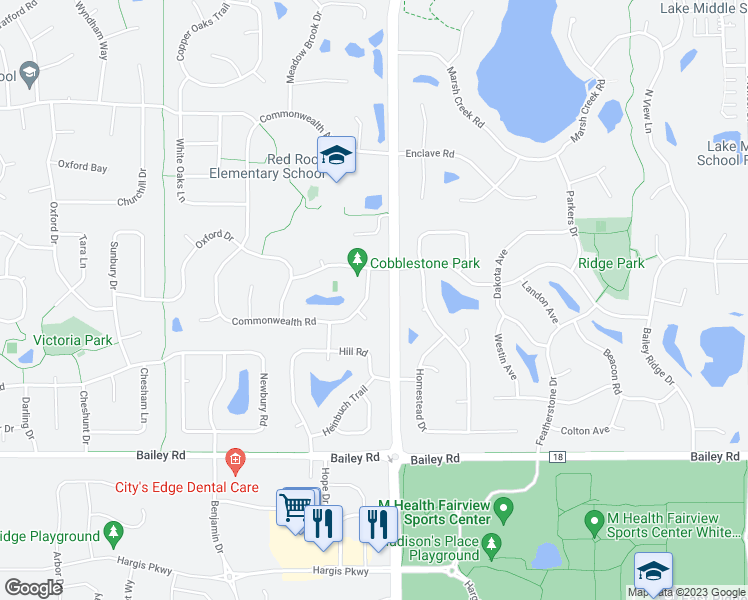 map of restaurants, bars, coffee shops, grocery stores, and more near 3684 Commonwealth Road in Woodbury