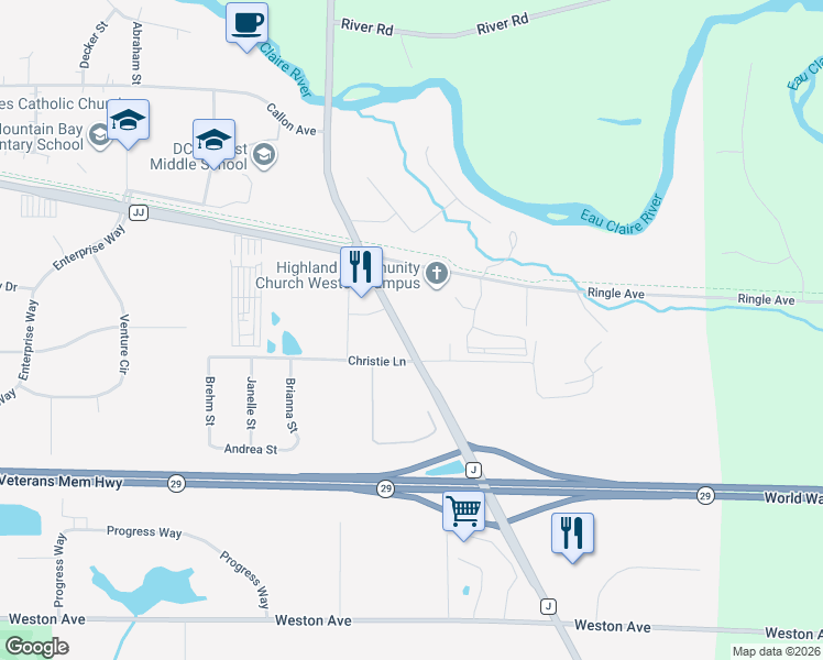 map of restaurants, bars, coffee shops, grocery stores, and more near 6705 County Road J in Schofield
