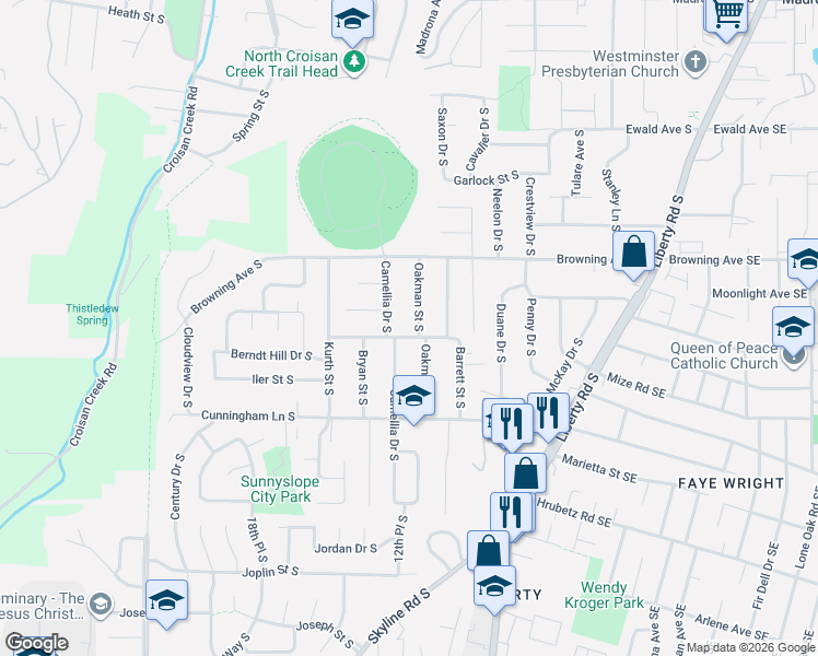 map of restaurants, bars, coffee shops, grocery stores, and more near 4216 Camellia Drive South in Salem
