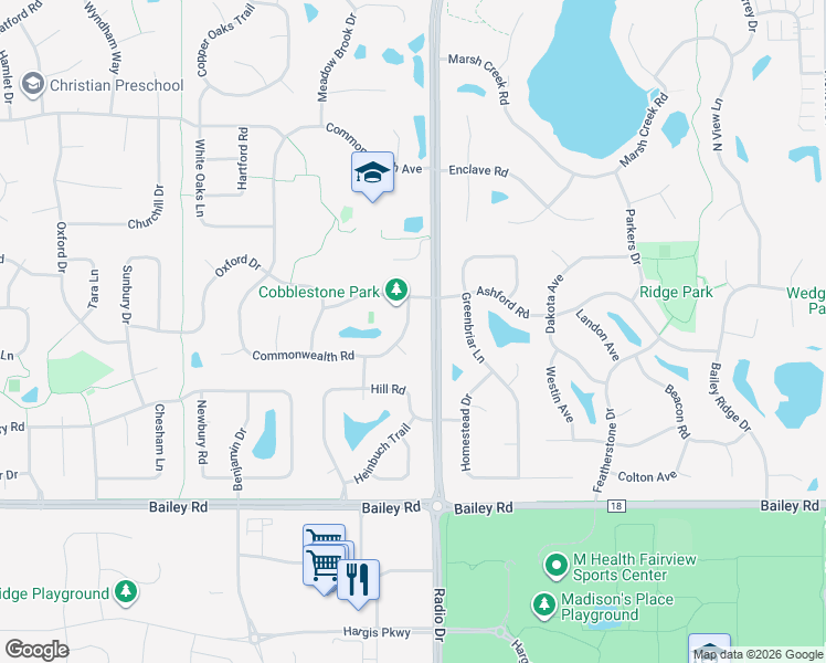 map of restaurants, bars, coffee shops, grocery stores, and more near 3684 Commonwealth Road in Woodbury