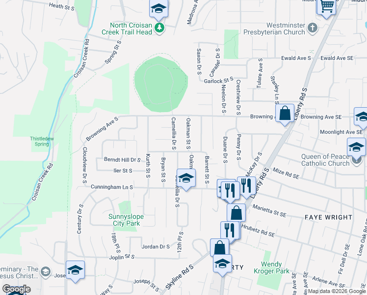 map of restaurants, bars, coffee shops, grocery stores, and more near 4216 Camellia Drive South in Salem