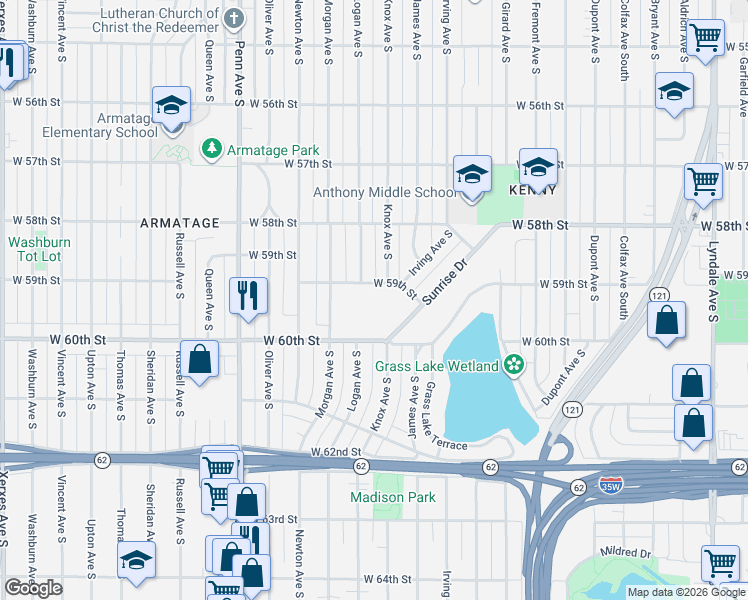 map of restaurants, bars, coffee shops, grocery stores, and more near 1820 West 60th Street in Minneapolis