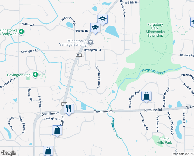 map of restaurants, bars, coffee shops, grocery stores, and more near 6000 Covington Terrace in Minnetonka