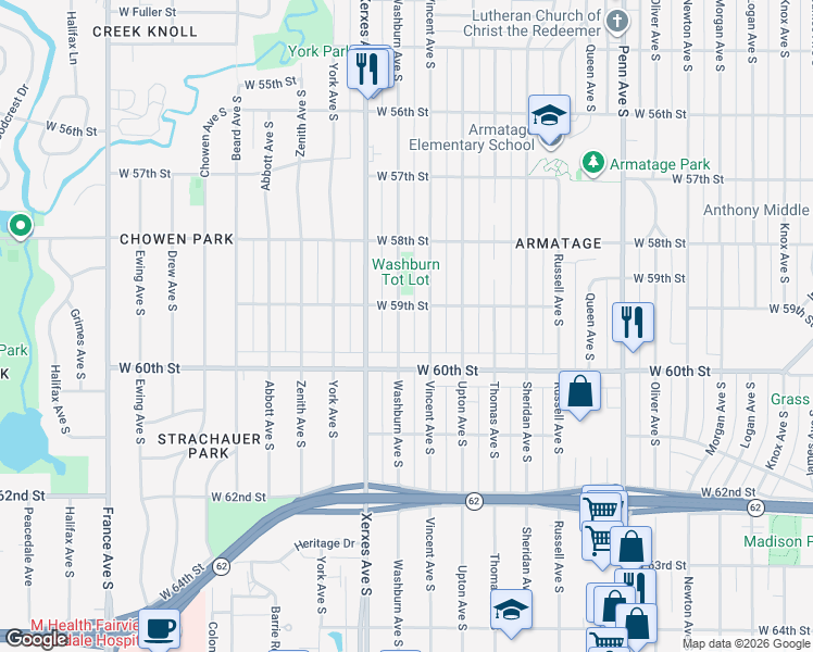 map of restaurants, bars, coffee shops, grocery stores, and more near 5940 Vincent Avenue South in Minneapolis